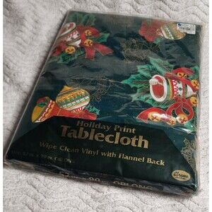 New VINTAGE Elrene Holiday Print Vinyl Flannel Back TABLECLOTH 52x90" Oblong NWT